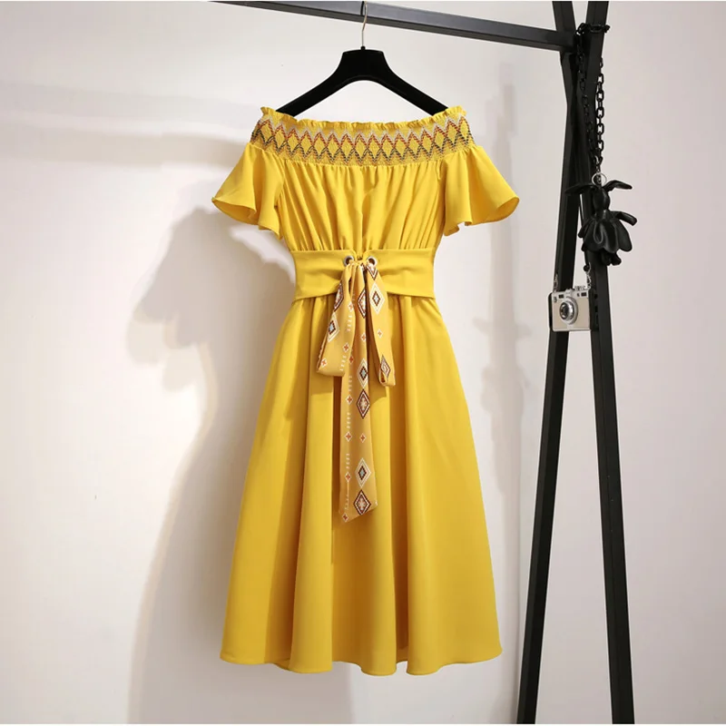 

Elegant High Quality French Style Summer Slash Neck Dress Women Sexy Dress Bow Tie Midi Dresses Female Leisure Holiday Vestido