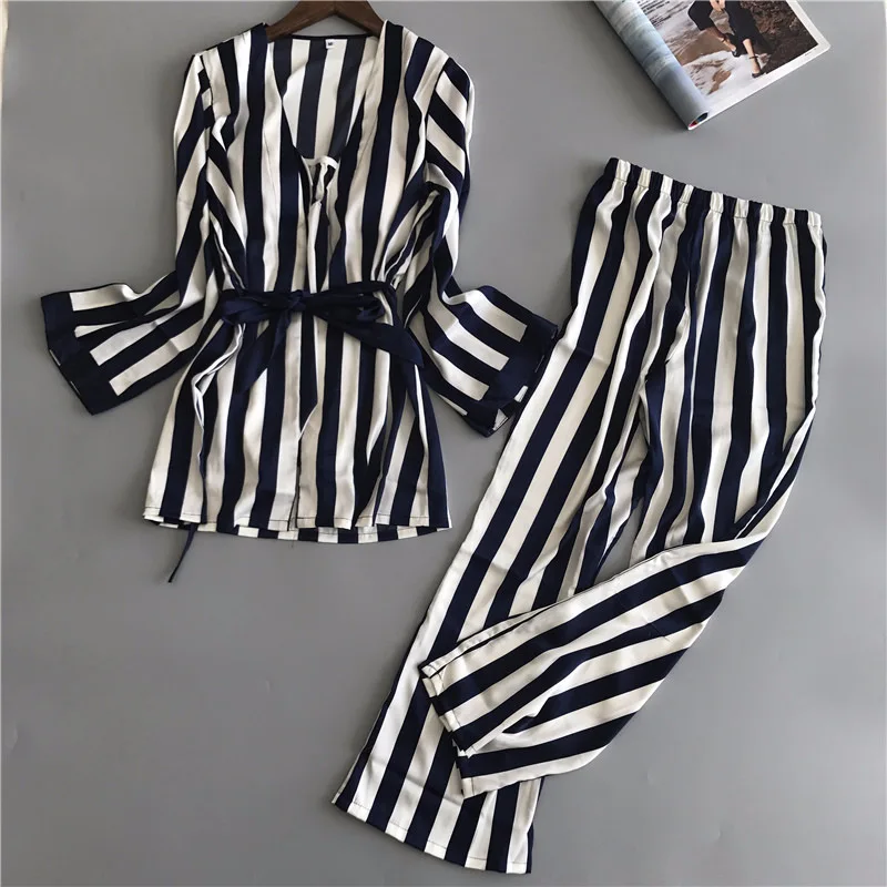 

2 Pieces Women Pajamas Set 2019 Summer Autumn Striped Sleepwear Satin Silk Pajamas Long Sleeve Top Pants Pijama