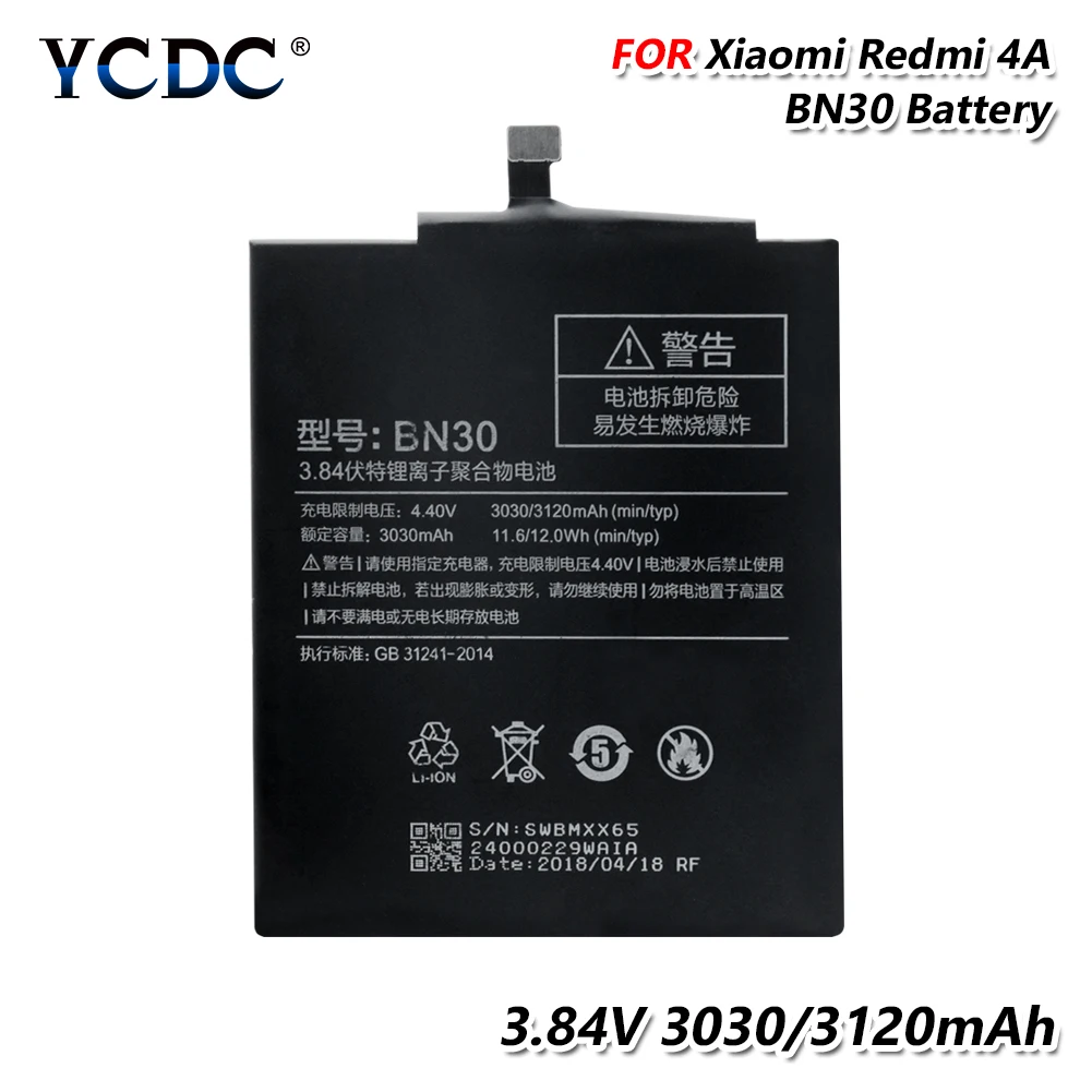 

YCDC High Capacity 3.84V 3120mAh Phone Battery BN30 For Xiaomi Redmi 4A Replacement 3.84V bn30 Lithium battery RechargeableBN-30