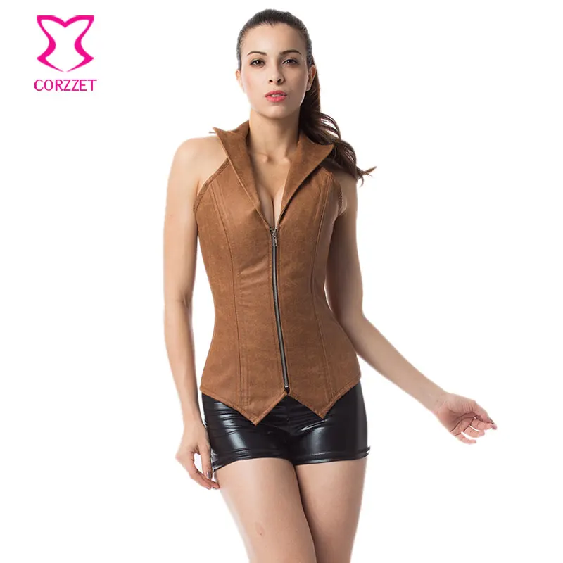 

Brown Leather Overbust Halter Collar Plus Size Corset Top Steel Boned Waist Slimming Corsets and Bustiers Steampunk Clothing