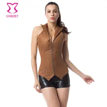 Brown Leather Overbust Halter Collar Plus Size Corset Top Steel Boned Waist Slimming Corsets and Bustiers Steampunk Clothing