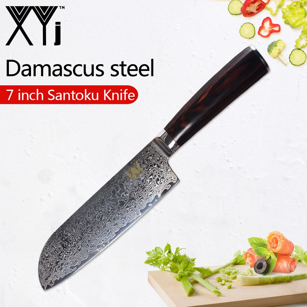 

XYj Damascus Japanese Kitchen Knives One Piece Paring Utility Santoku Chopping Chef Slicing VG 10 Damascus Steel Cooking Knife