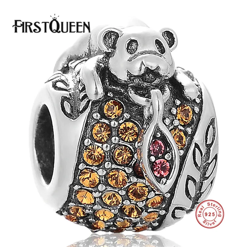 

FirstQueen Hot Sale High Quality Silver Bear Charm Beads With Crystal Fit Original Bracelet Pendants For Women DIY Jewelry