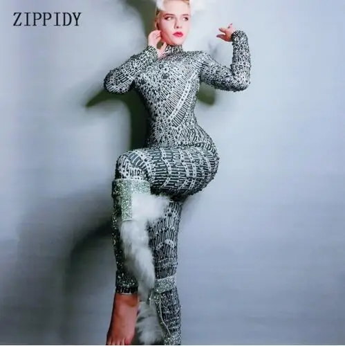 

2019 Shining Black Gray Rhinestones Spandex Sexy Jumpsuit Women's Stage Performance Feather Outfit Nightclub Wear Clothes