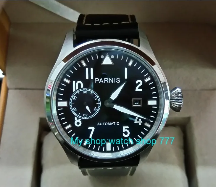 

47mm big pilot PARNIS Black dial Automatic Self-Wind movement Auto Date men watches luminous Mechanical watches df72A
