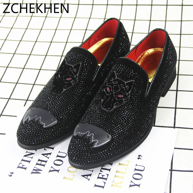 

Europe bling Flat Leather Shoes Rhinestone Fashion Mens Loafer Dress Shoes Men Casual Diamond Business Office Wedding Shoes