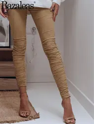 2019 узкие брюки с высокой талией плиссированные брюки до середины икры с эластичной талией женские узкие брюки