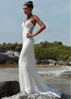

new Sexy Lace Straps Mermaid Beach Wedding Dress Elegant Appliqued Beads Chiffon Bride Dress Boho Wedding Gown Lace Train