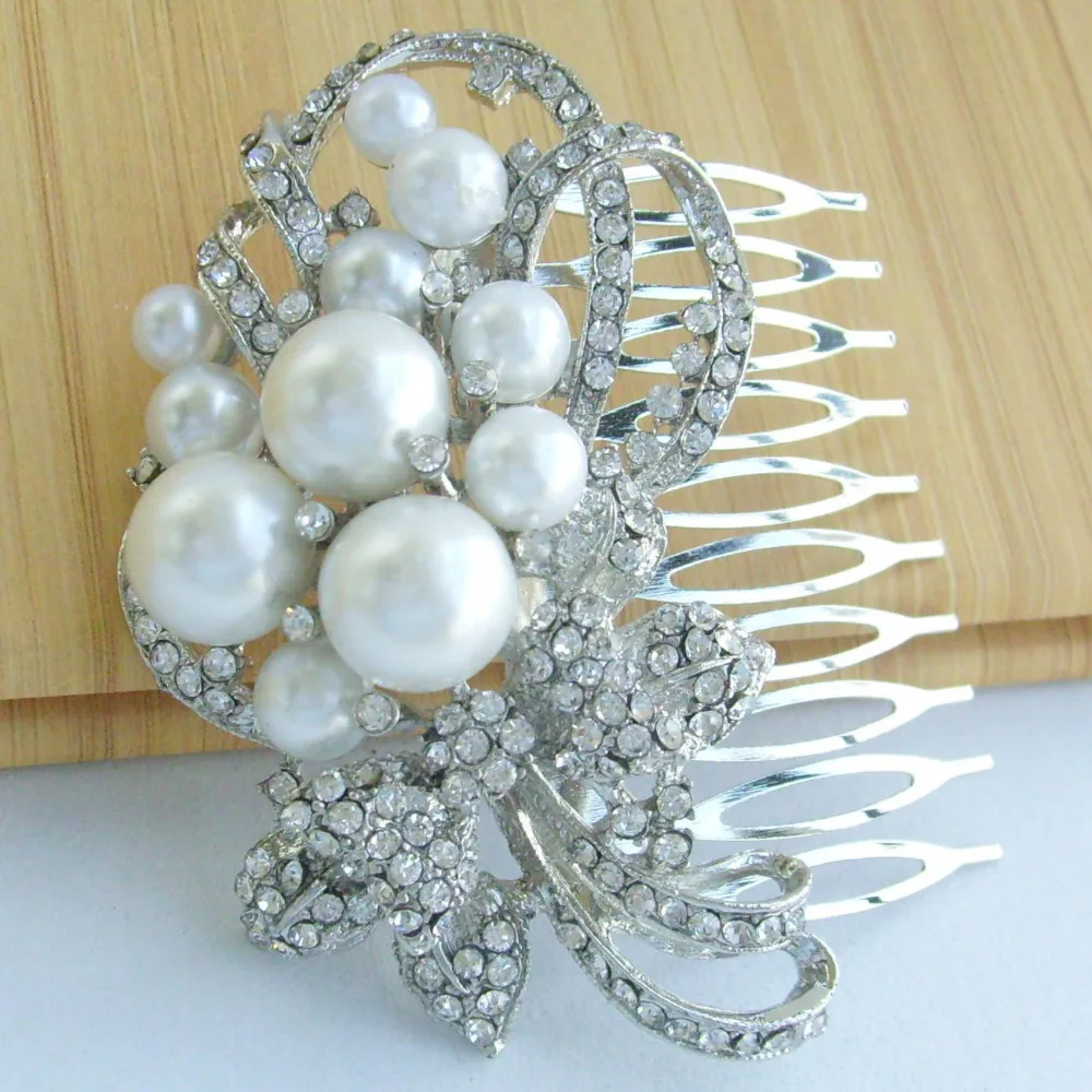 

HelenaJewelry Wedding Headpiece Silver-tone Pearl Rhinestone Crystal Flower Hair Comb Bridal Hair Comb FSE04590C1