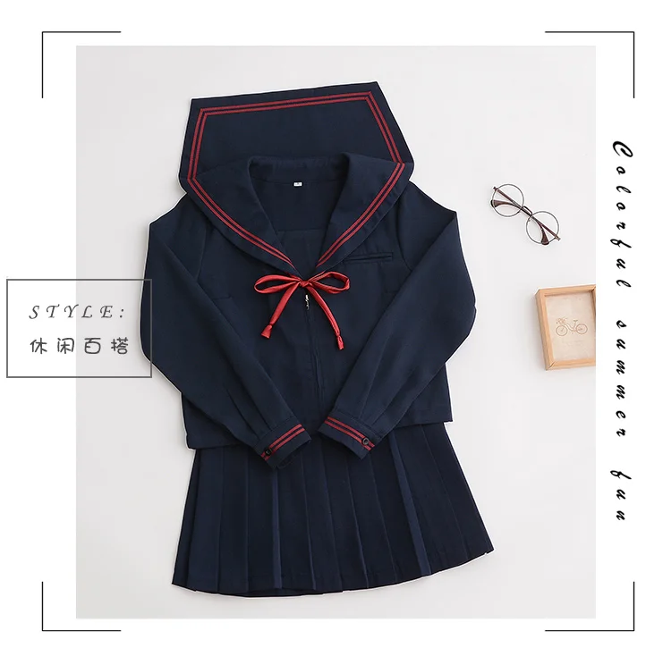 Японский JK форма костюм темно-синий рубашка с красным галстуком бабочкой осень High School для женщин Новинка Сейлор костюмы униформа XXL