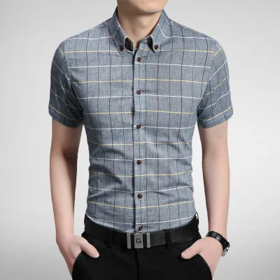 Новое поступление, летняя Клетчатая Мужская рубашка с коротким рукавом, Повседневная хлопковая рубашка на пуговицах, мужская рубашка - Цвет: Grey