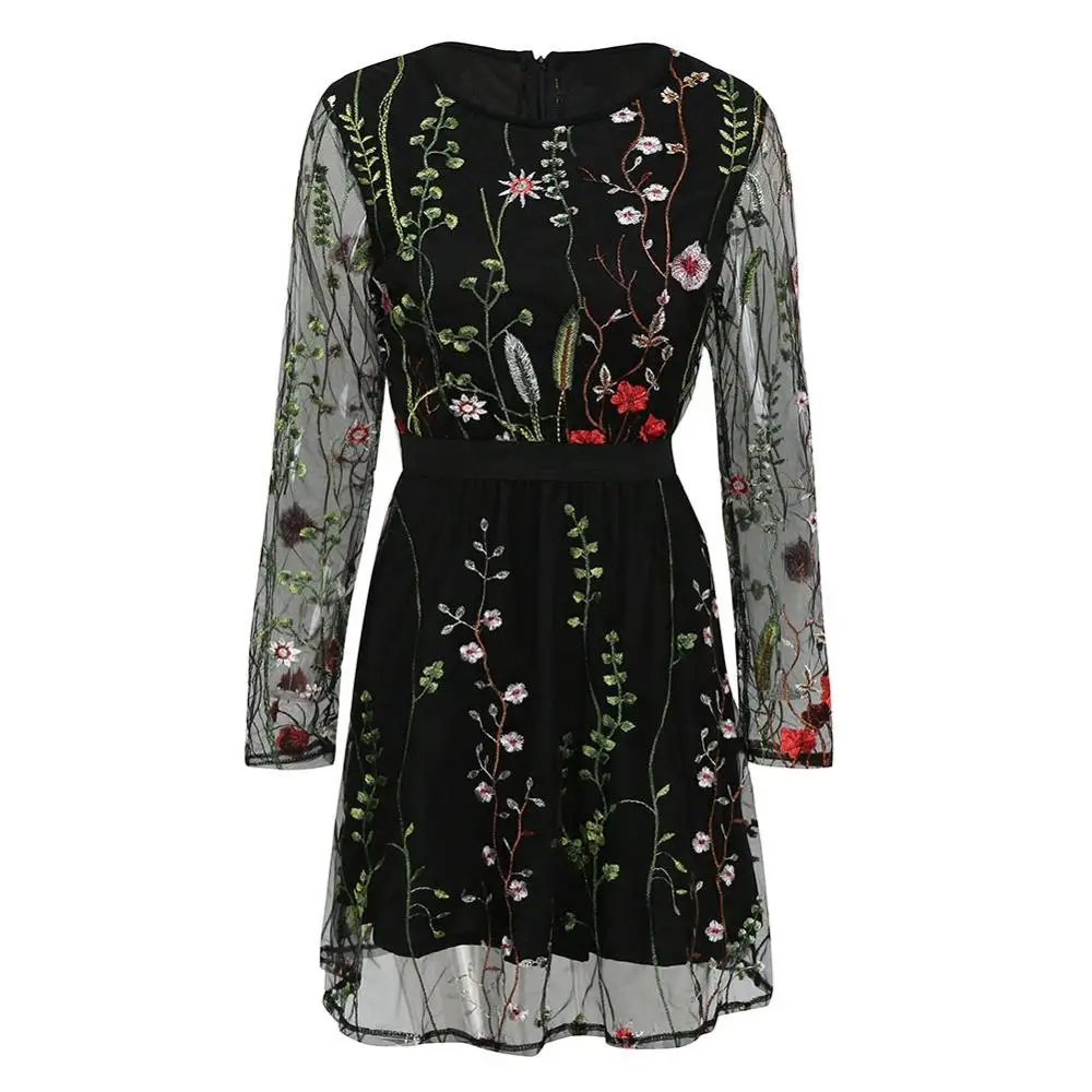 Эффектные прозрачные сетчатые мини платья для женщин летнее платье Бохо цветочный с вышивка See Through вечерние Дамская Мода Vestidos женский - Цвет: black