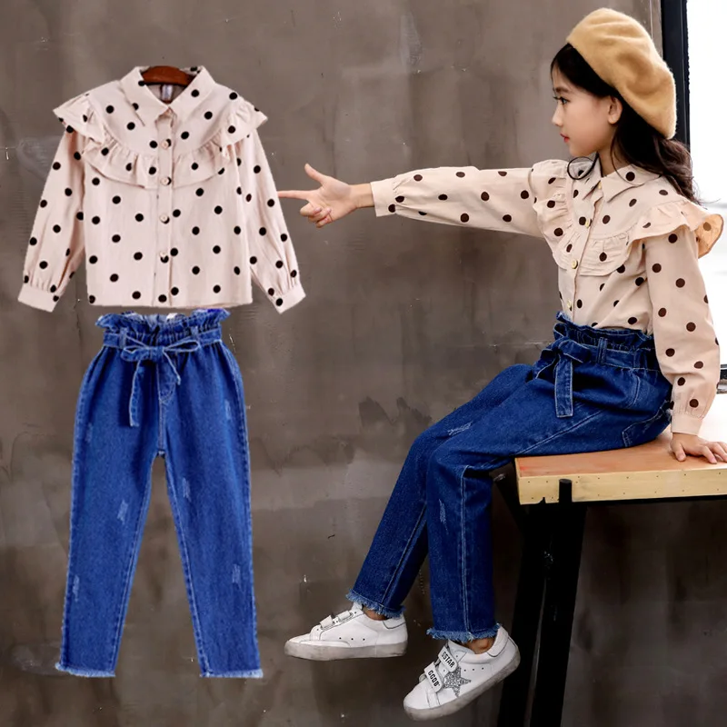 

Kids Clothing Suit Spring Autumn New 2019 Children Girls Korean Style Long-sleeved Dot Print Lace Blouse+ Denim Pants 2PCS Sets