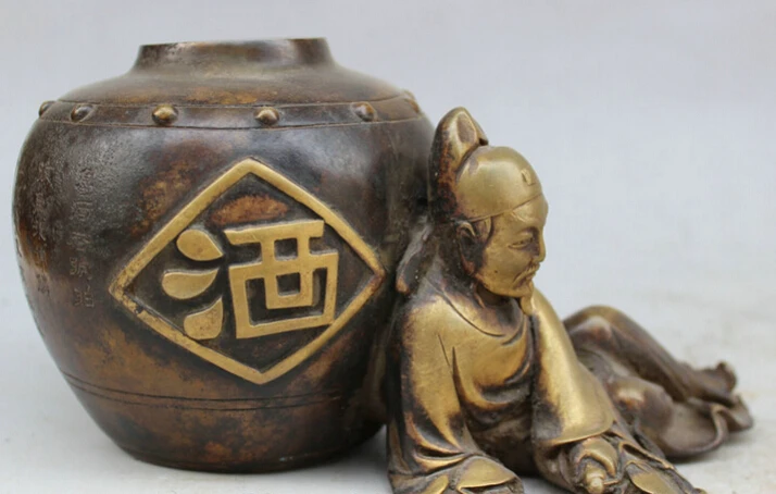 

S4698 Chinese Pure Bronze Copper Gilt Man Winebibber LiBai Statue Wine Jar Pot Bowl D0317