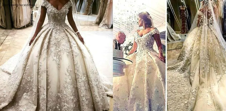 Luxurious Princess Wedding Dresses Ball Gowns 3D Flower Appliques Puffy Ball Gowns Off the Shoulder Cathedral Train Wedding Gowns BC1119  399 (6)