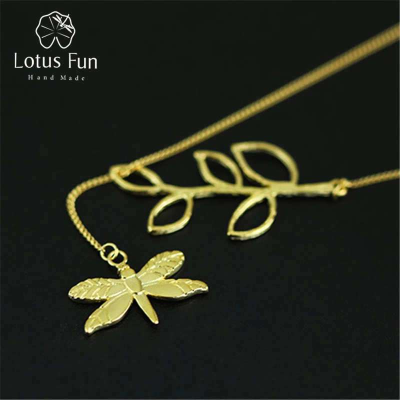 

Lotus Fun Real 925 Sterling Silver Handmade Designer Fine Jewelry Cute Dragonfly Leaves Necklace with Pendant for Women Collier