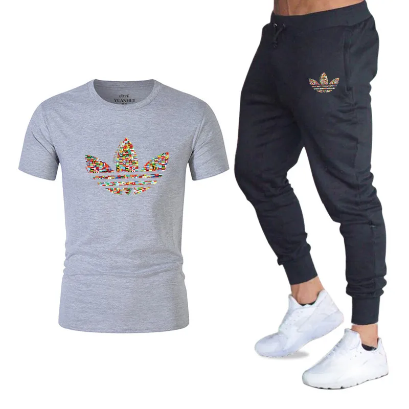free shipping Summer Hot Sale Men's Sets T Shirts+pants Two Pieces Sets Casual Tracksuit Male Tshirt Gyms Fitness trousers men