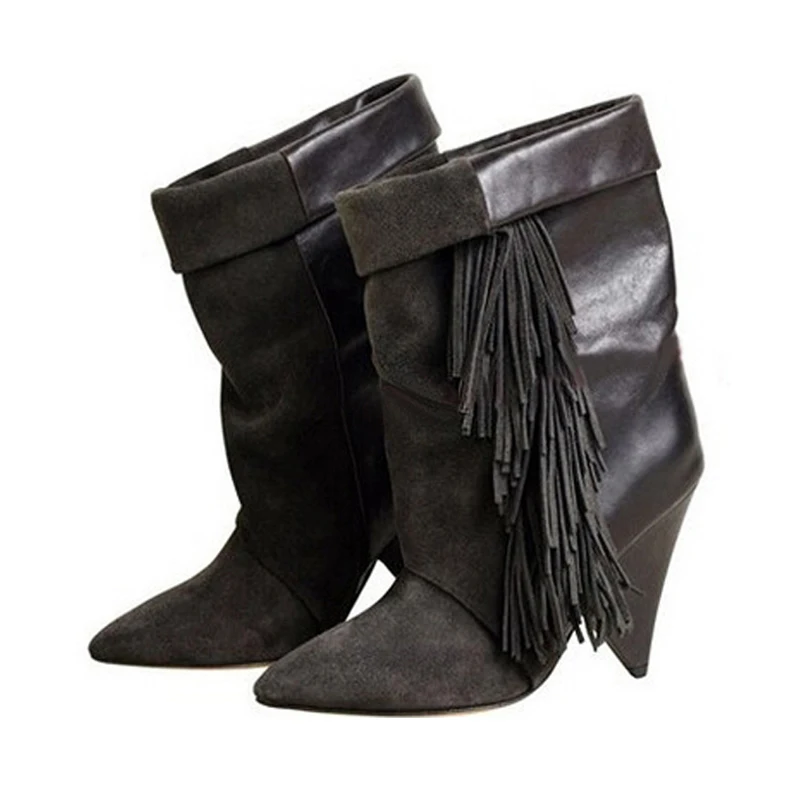 Knsvvli/женские замшевые короткие сапоги с бахромой в необычном стиле на высоком каблуке; модные женские туфли для подиума с острым носком без застежки; сезон осень