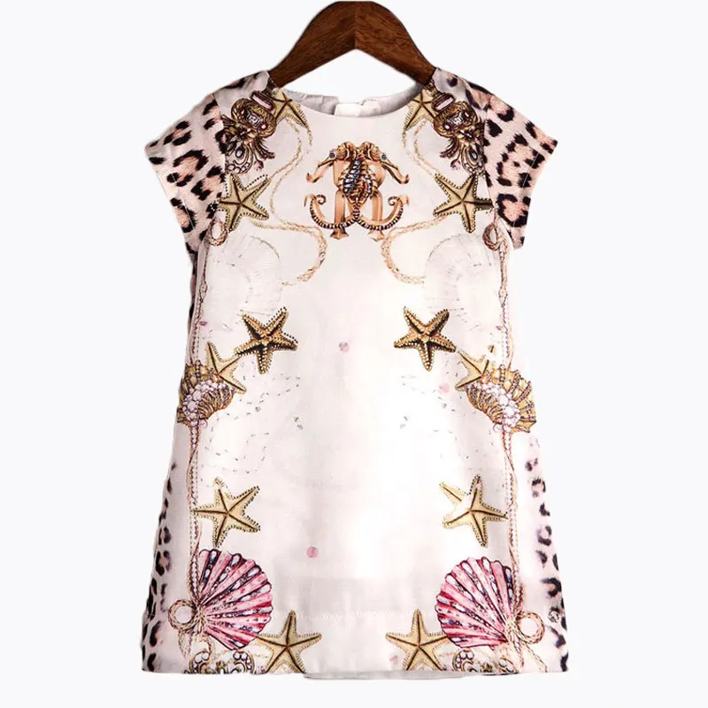 

2017 Spring and Summer Autumn New Girl Temperament Short Sleeved Dress Leopard Dress Three-dimensional Shell Starfish Drill