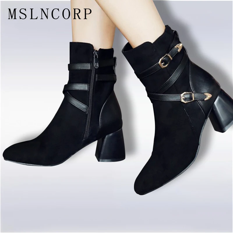 

Size 34-43 New Spring Autumn Fashion Women Ankle Motorcycle Boots High Heels Buckle Pointed Toe Short Booties Black Ladies Shoes