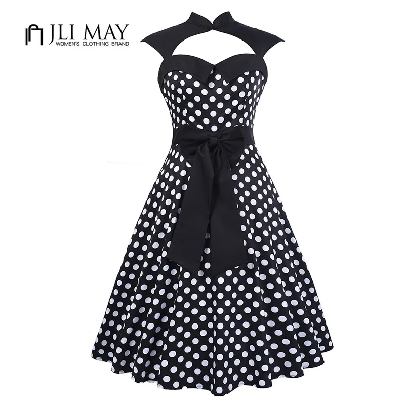 Jli may женщины dot лук midi качели dress винтаж партия черный белый красный мандарин