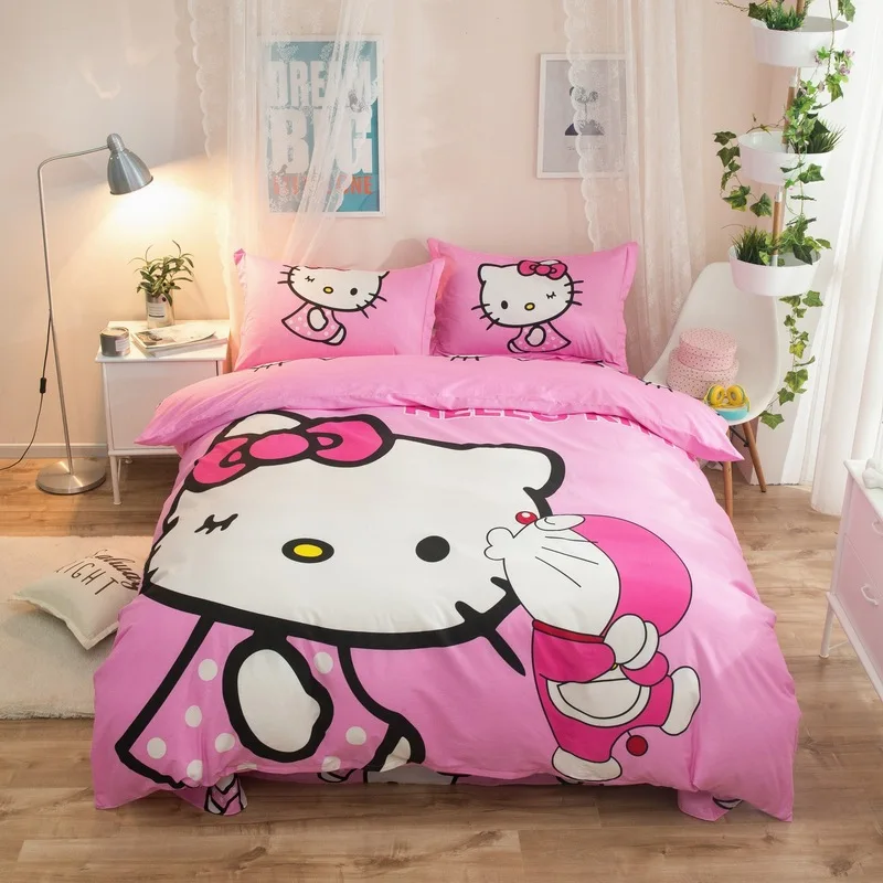 Hello kitty Милый хлопковый Детский Комплект постельного белья, простыня фиолетового цвета, мультяшная девочка KT, 4 шт., милые пододеяльники и одеяла, розовый цвет