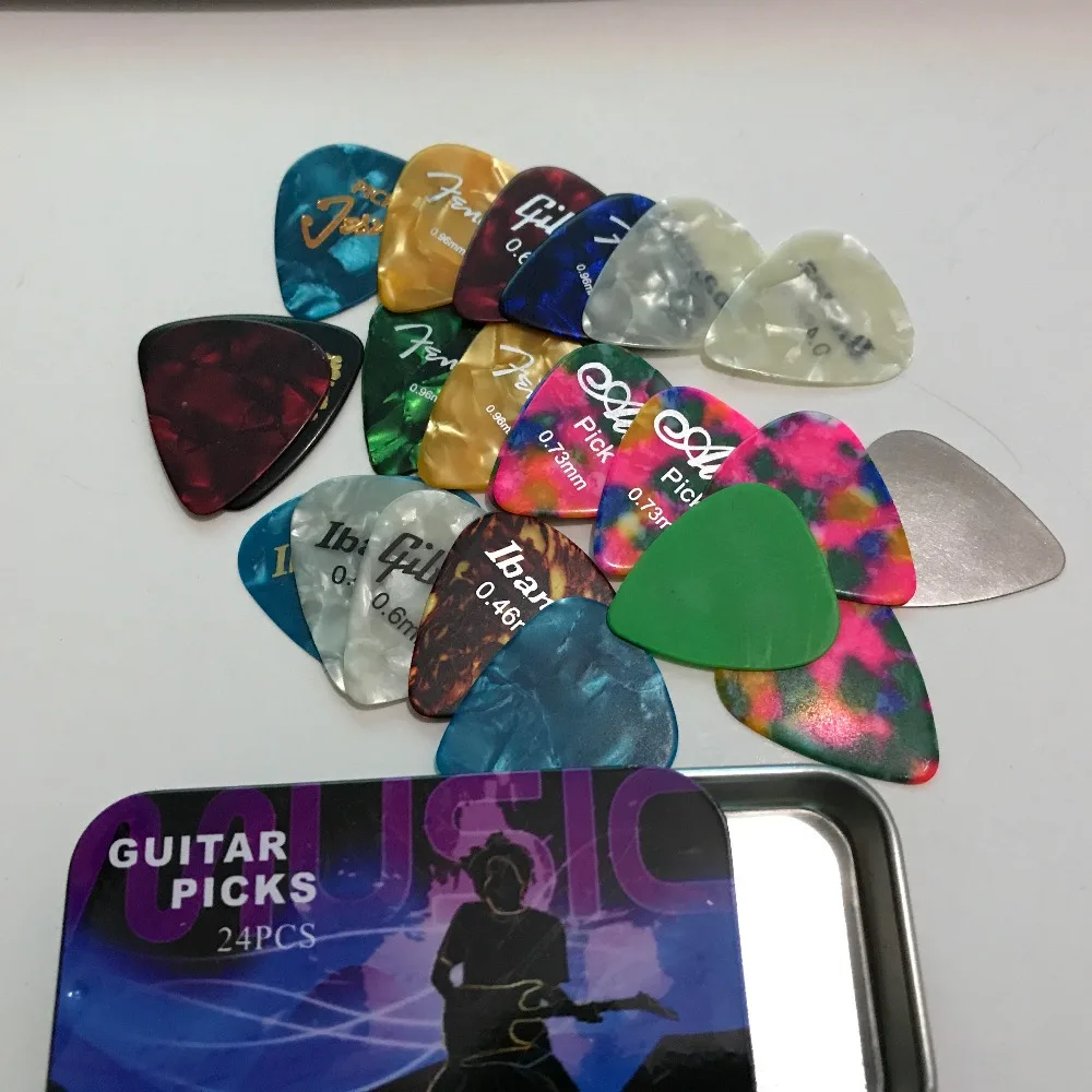 

24 pcs guitar picks with metal box 0.46-0.96mm