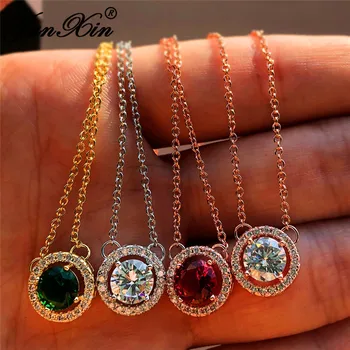 

JUNXIN Female Crystal Round Pendant Necklaces For Women White Gold Rose Gold Color Green Red White Zircon Wedding Choker Jewelry