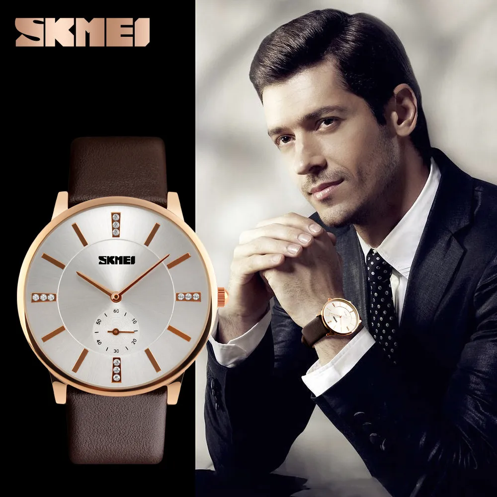 Skmei Watch Time Men s fashion Quartz Diamonds Elegant Leather