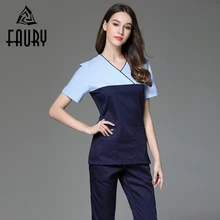 Сращенные V образным вырезом с коротким рукавом Топы Длинные брюки женские скраб наборы больница стоматологическая клиника спецодежда униформа хирургический костюм для лаборатории пальто