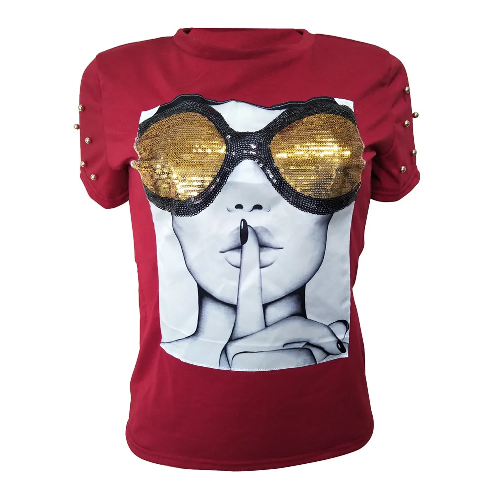 Весенние зимние футболки Топы короткий рукав блестками печати жемчуг модные, пикантные ПОЛУВЕРЫ Для женщин vestidos футболки LS6214