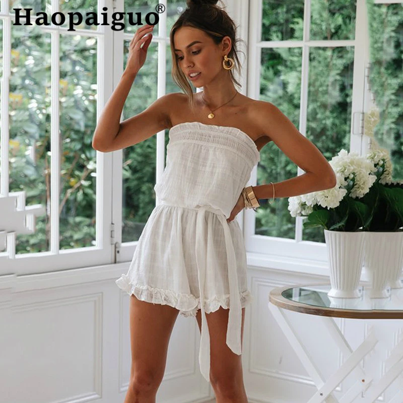 

Women Summer Sexy Jumpsuit Sleeveless Cotton Linen Women Slash Neck Bandage Jumpsuits Vintage High Waist Short Casual Jumpsuit