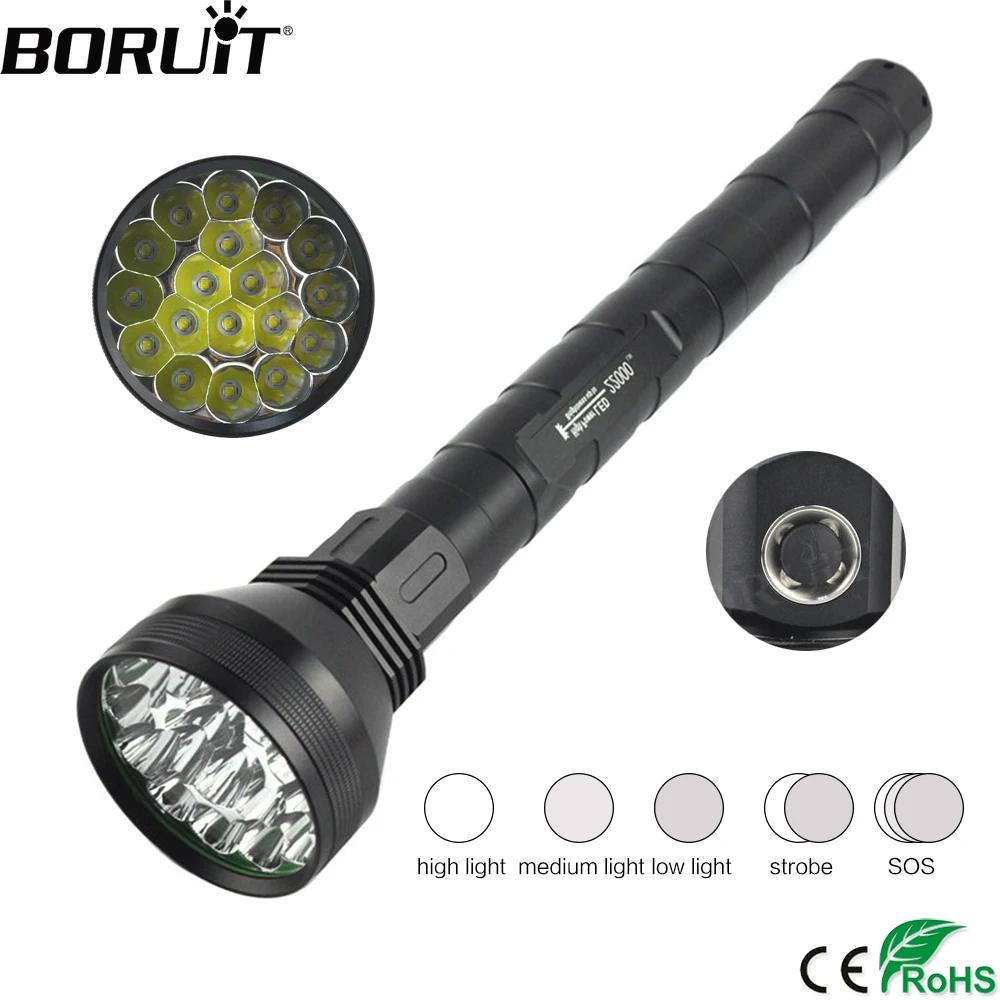 

BORUiT 18 XML L2 LED Flashlight 5-Mode 22000LM Hard Light Torch Waterproof IPX6 Fishing Portable Lantern by 18650/26650 Battery