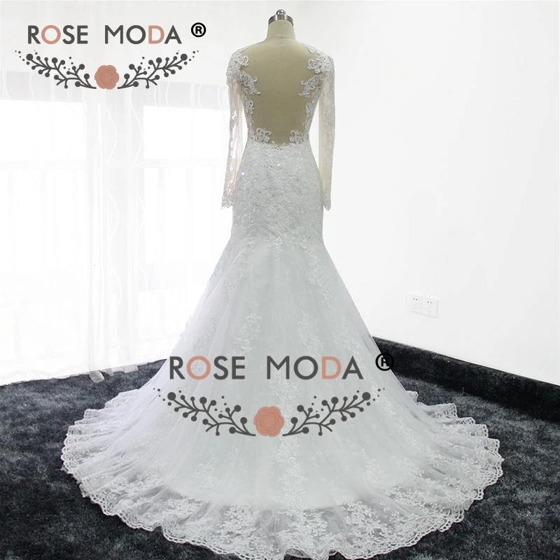 Роза Moda реальное изображение с длинным рукавом кружево Русалка свадебное платье Иллюзия Назад назначения Свадебные платья 2019