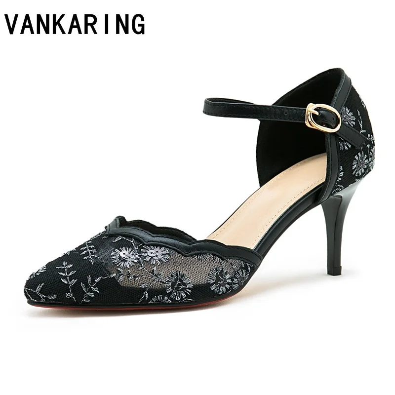 

leather+embroider lace brand shoes pumps women sexy pointed toe high heels fashion sandals black shoes woman party wedding shoes
