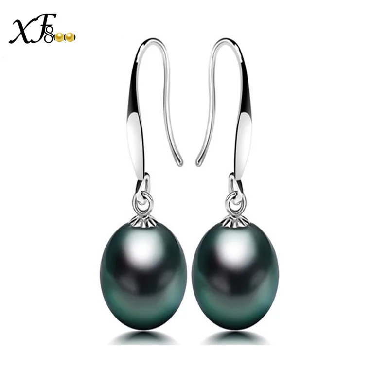 

XF800 Brand Fine Pearl Jewelry Natural Freshwater Drop Earrings For Women 8-9mm Trendy Black Stone Dangle Earrings E10052