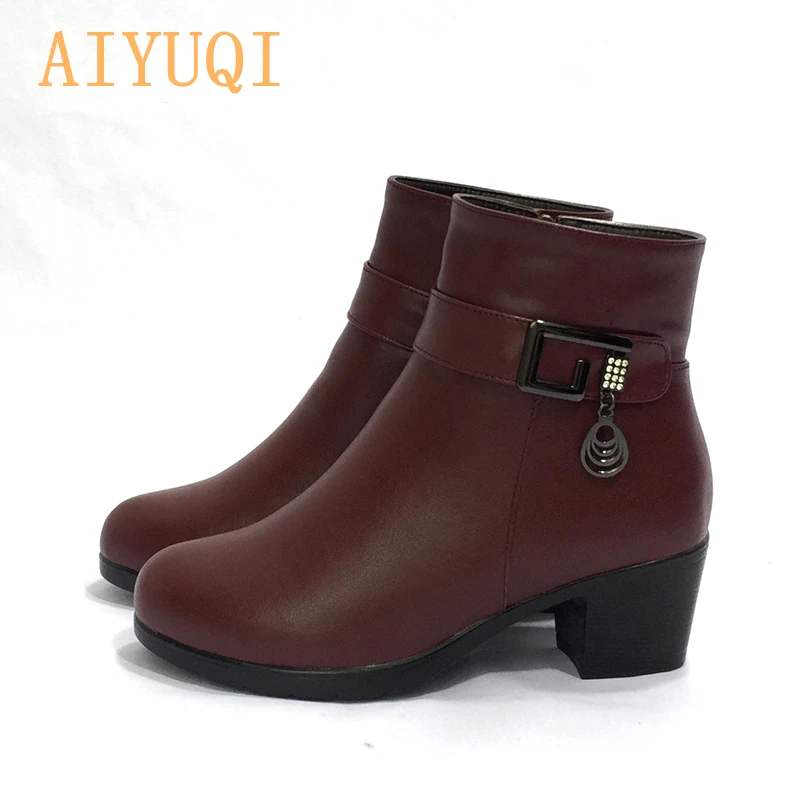 AIYUQI; коллекция года; ботильоны с шерстяной подкладкой; Итальянские женские ботинки; ботинки из натуральной кожи; женские Ботинки на каблуке