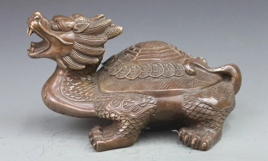 

Chinese Folk Copper Bronze Feng Shui Wealth Coin Dragon Turtle tortoise Statue a 0518