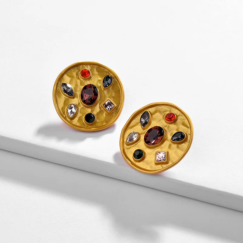 

Vintage Jewelry Round Metal Stud Earrings Gold Plating Crystal Glass Earrings for Female