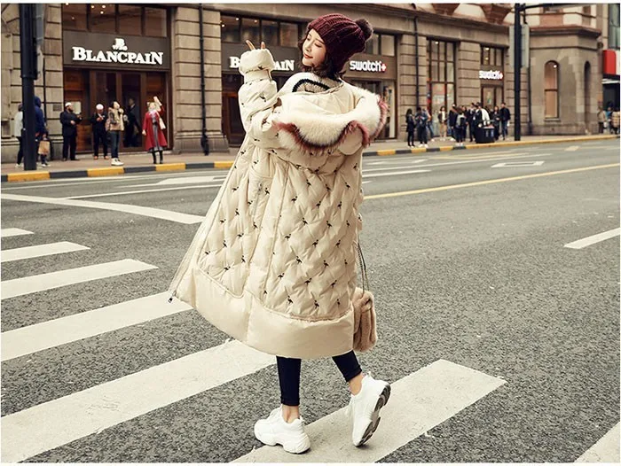 ZURICHOUSE Down Parka Women Long Hooded Fashion Embroidery Warm Natural Big Fur Collar White Duck Down Jacket Winter