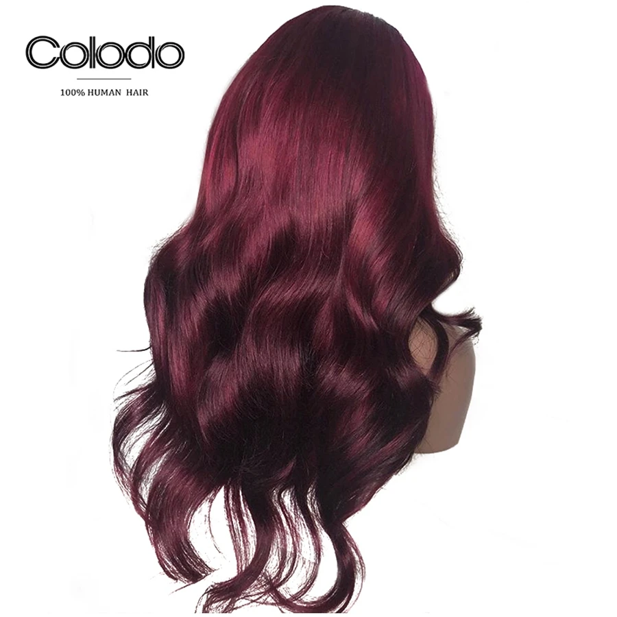 COLODO 13x4 бордовый Синтетические волосы на кружеве парик человеческих волос бразильский эффектом деграде(переход от темного к человеческие волосы свободная волна парик предварительно 150% Плотность парики средней соотношение