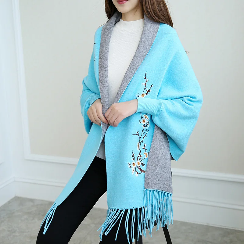 Women's Autumn Winter Knitted Tassel Shawl Sweater, Solid Color Batwing Sleeve Poncho Cardigan Wrap Swing