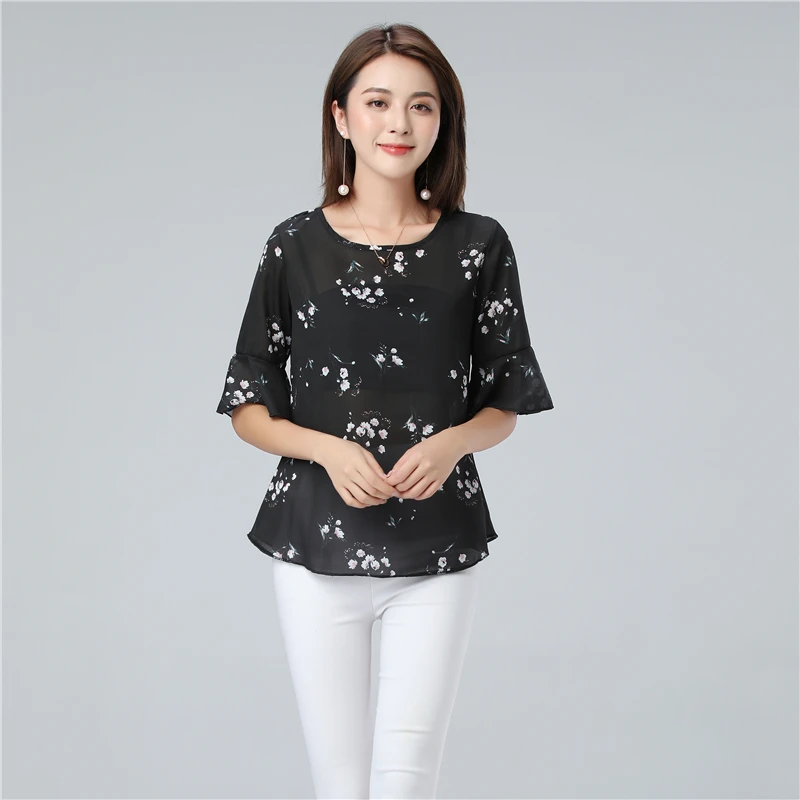 Banerdanni New Women product Flower Print Chiffon Blouse Summer Batwing sleeve Simple Blouse Plus Size 5XL Loose Female Top