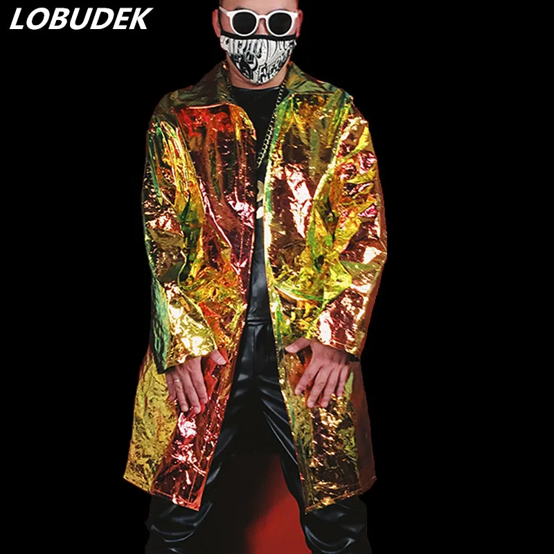 Мужской индивидуальный этап пальто золото искусственная кожа куртка из искусственной кожи прилив Прохладный для мужчин певица хип хоп