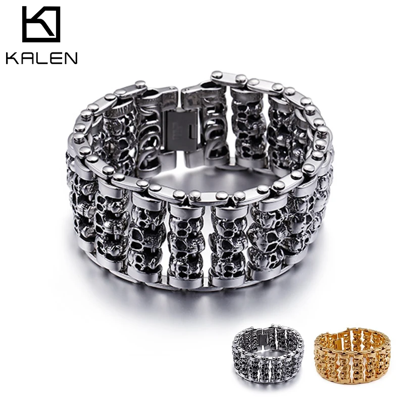 Comprar Pulsera de cadena de mano de motociclista de acero inoxidable 316 con múltiples cabezas de calavera para hombre