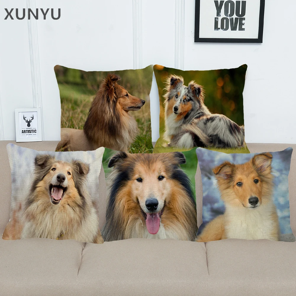 

XUNYU Cute Collie Dogs Linen Pillow Case Home Sofa Square Pillow Cover Animal Pattern Decorative Cushion Cover 45X45cm AC007