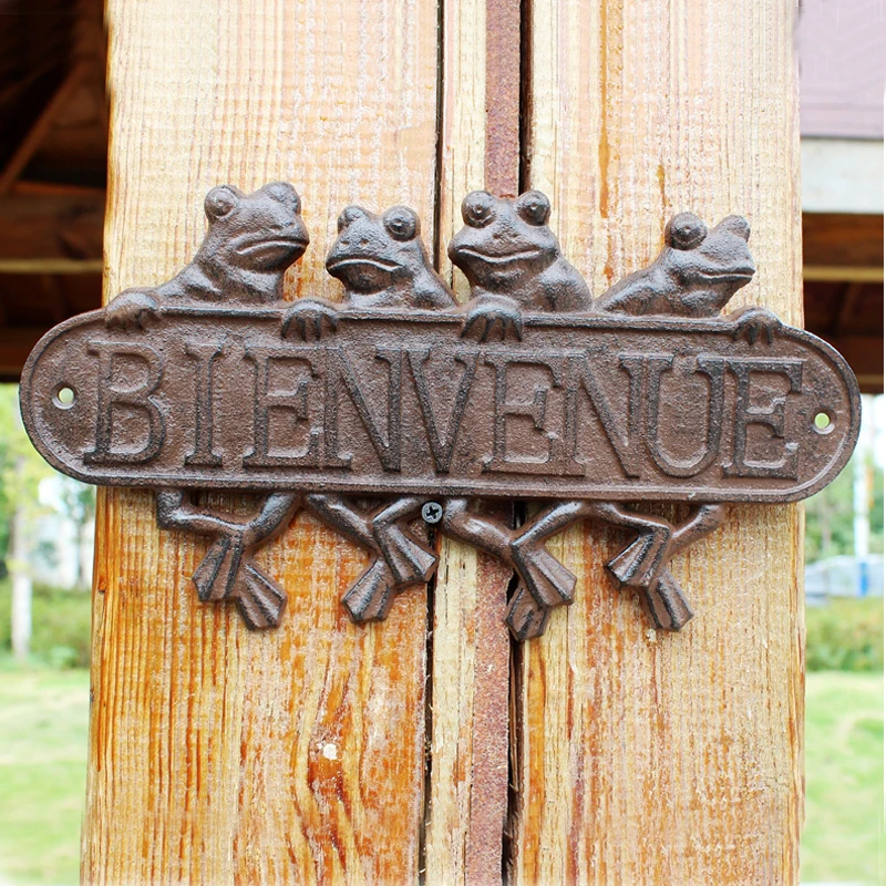 

Vintage Home Garden Decor Four Frogs Around BIENVENUE Cast Iron Plaques Signs