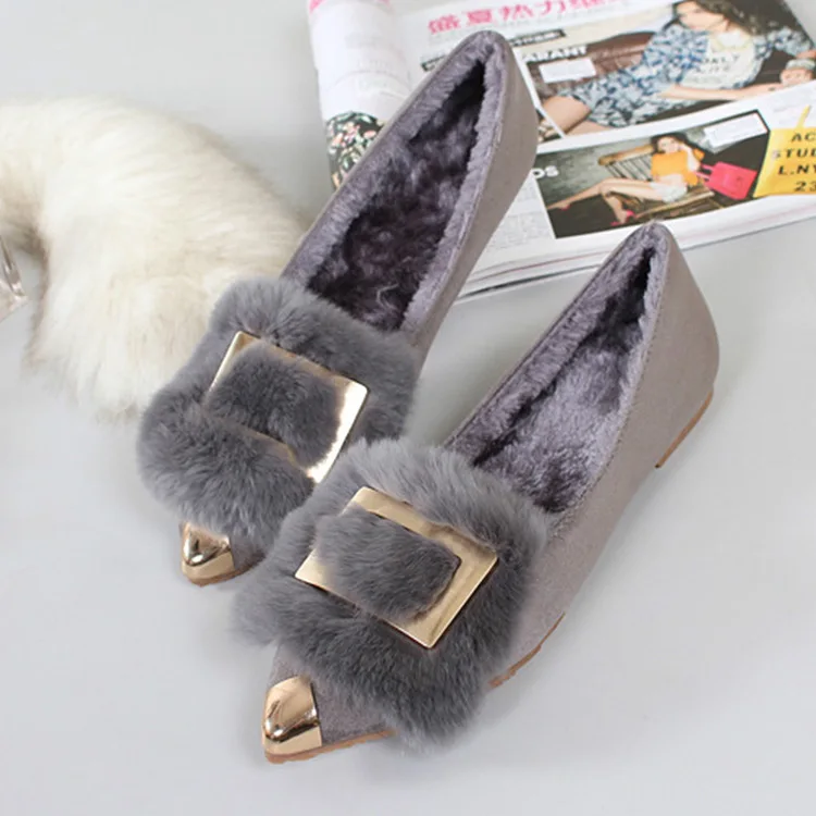 

Dropshipping Women Flats Shoes Slip on With Fur Pointed Toe Winter Oxfords Shoes for Women Loafers Shoes Plus Size 41 42 43