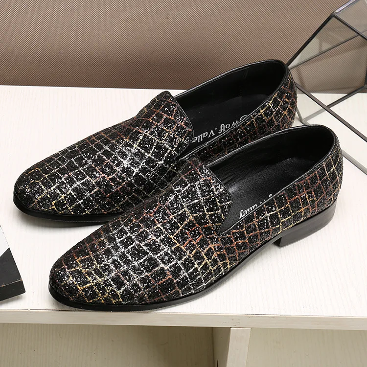 

Fashion Grids Pattern Leather Loafers Sequins Men's Prom Party Wedding Shoes Men Leather Casual Shoes