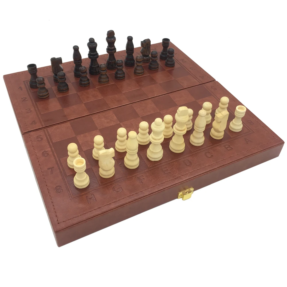 

Backgammon & Checkers & Chess 3 In 1 Set Leather Surface Wooden Box & Pieces Board Size 29.5 cm x 29.5 cm Outdoor Travel Games